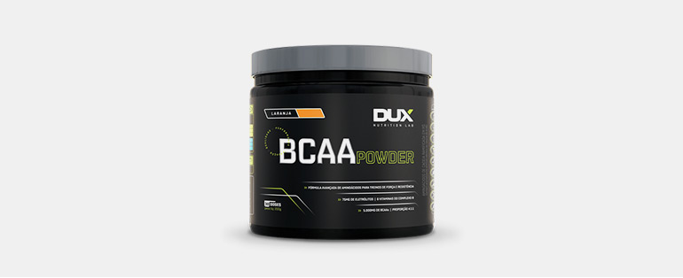 Imagem de suplemento BCAA da marca DUX em embalagem preta e cinza. Conheça o que é BCAA no Blog Sieno e garanta o seu.